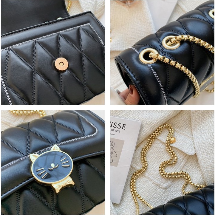 Túi xách nữ khóa mèo 2 màu đen trắng dây xích vàng đeo 2 kiểu cực đẹp Capucha T278