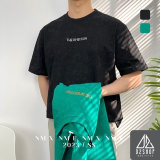 Áo thun nam D2shop, áo thun oversize vải wash thêu chữ THE AMBITION, màu đen, xanh