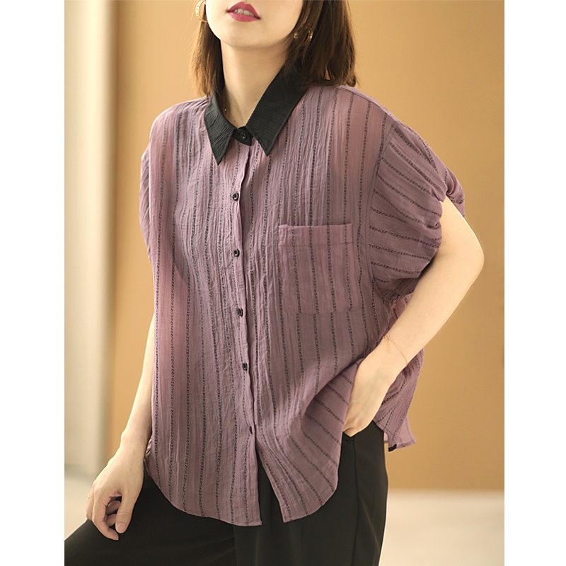 Áo sơ mi linen KAMAKA ngắn tay cổ pipi kẻ sọc bằng chữ - NU7391