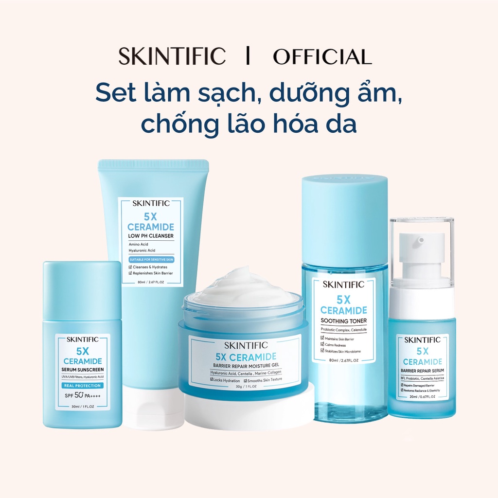 Combo làm sạch dưỡng ẩm chống lão hóa da SKINTIFIC Sữa rửa mặt 5X 80ml + Toner 5X 80ml + Serum 80ml + Kem dưỡng ẩm 30g