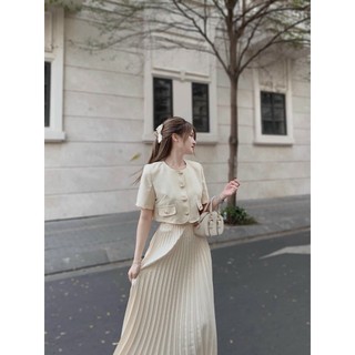 Set croptop dạ trắng chân váy midi dập ly, Set áo và chân váy phong cách Hong Kong thời trang cho nữ , Set áo mix váy ha