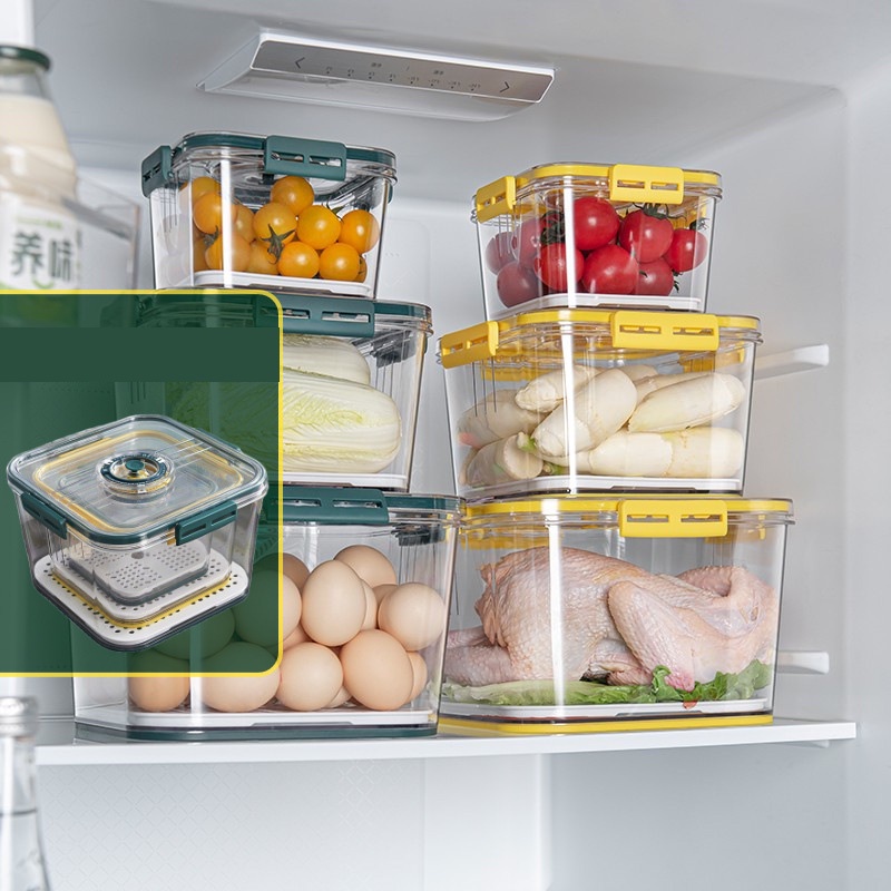 Hộp nhựa vuông đựng thực phẩm PET tủ lạnh Vòng ghi chú thời gian thông minh Khay lót đáy tách nước Van thoát khí Hộp bảo