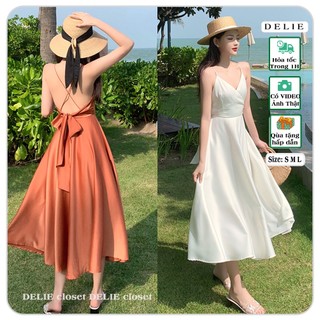Váy hai dây maxi DELIE hở lưng chất lụa satin cao cấp, đầm maxi đi biển, đi tiệc kiểu pháp quyến rũ VK09