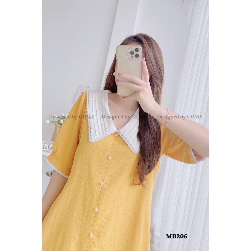 Váy bầu bigsize - Đầm bầu thiết kế GuMe màu Vàng Đũi Cúc Ngọc dáng A bo tay siêu xinh size từ 40-100kg  MB206 ảnh thật