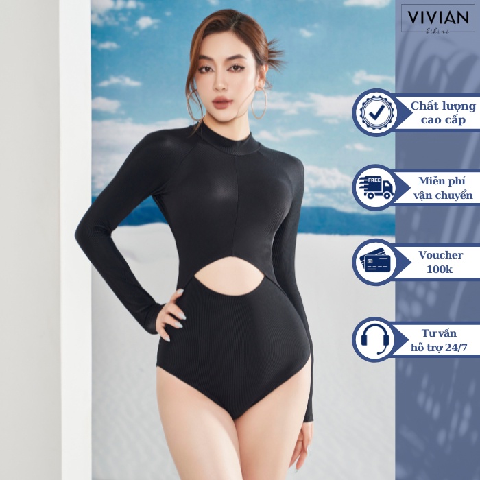 Đồ bơi nữ cao cấp 𝐕𝐈𝐕𝐈𝐀𝐍 dạng một mảnh tay tạo hình cutout cách điệu - Đen - VS183_BL