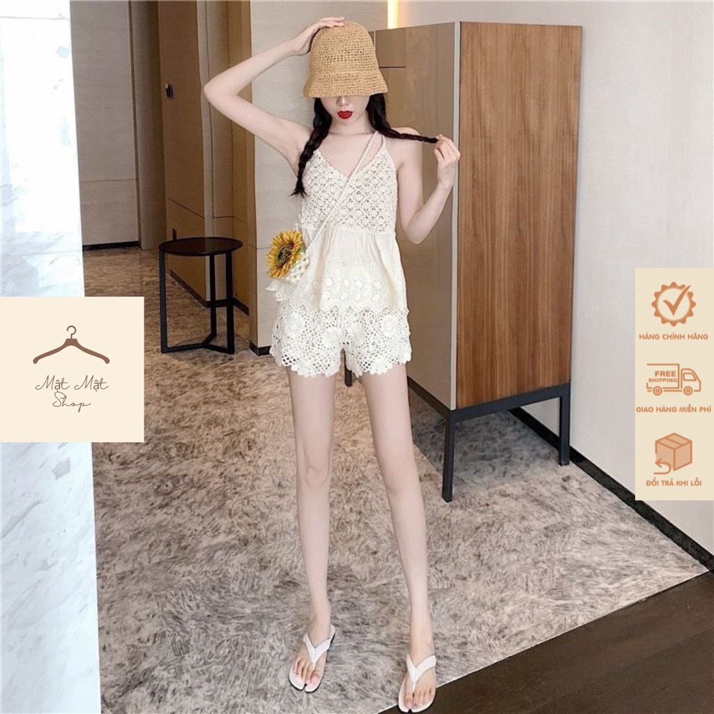 Áo Ren Len Dệt Kim Cổ V Không Tay Đan Hoa kèm Tơ K Lộ Bụng, Phối Quần Ren Siêu xinh Set Phù Hợp Đi Biển Mẫu HOt 2023