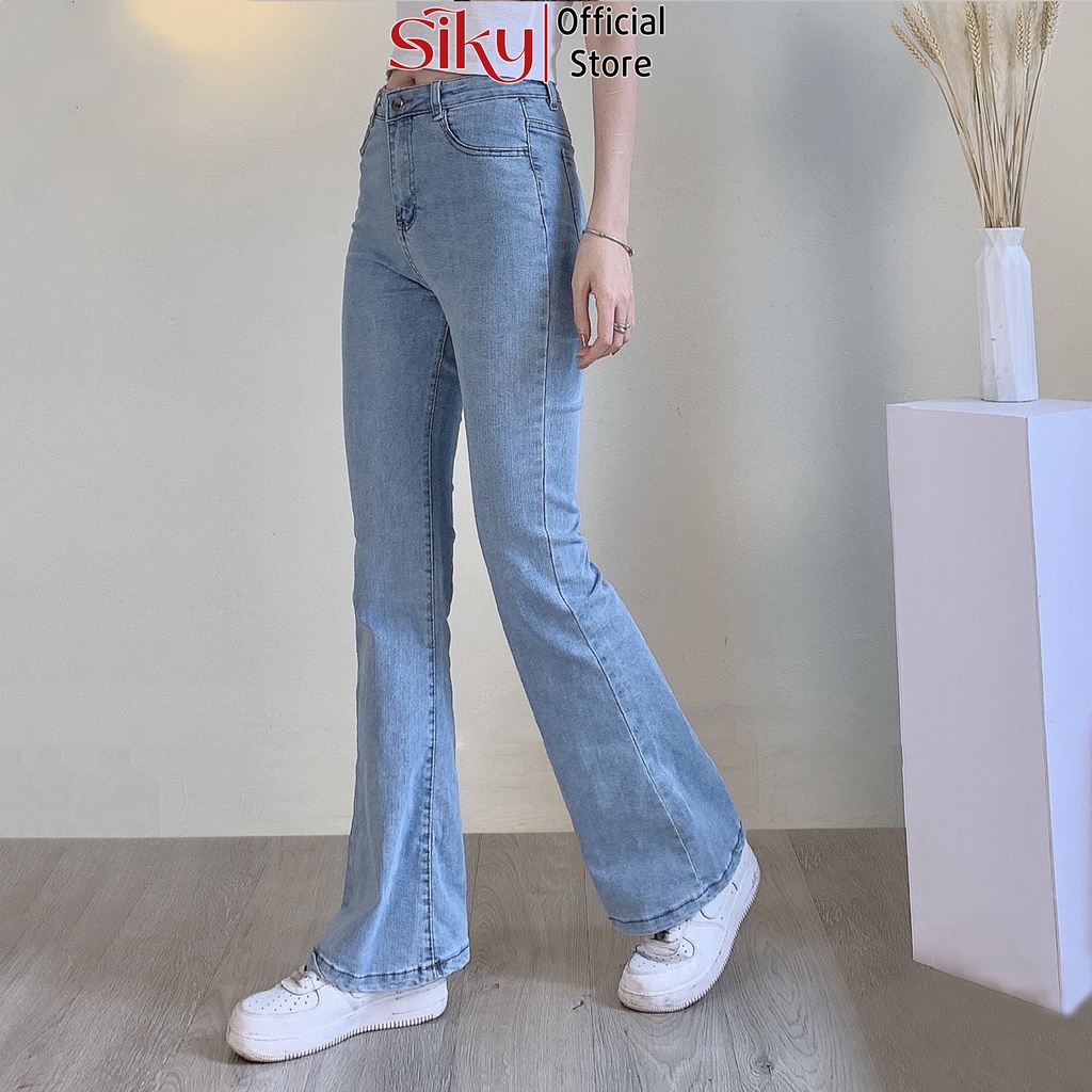 Quần jeans ống loe nữ SIKY lưng cao co giãn may gấu phong cách Hàn Quốc - QJ16