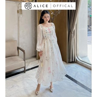 Váy Maxi Hoa Tiểu Thư Dáng Xoè Cổ Vuông Tay Bồng Cúc Ngọc ALICE Chất Tơ Óng, Lót Lụa Mềm Mịn Nhẹ Nhàng Nữ Tính V1075