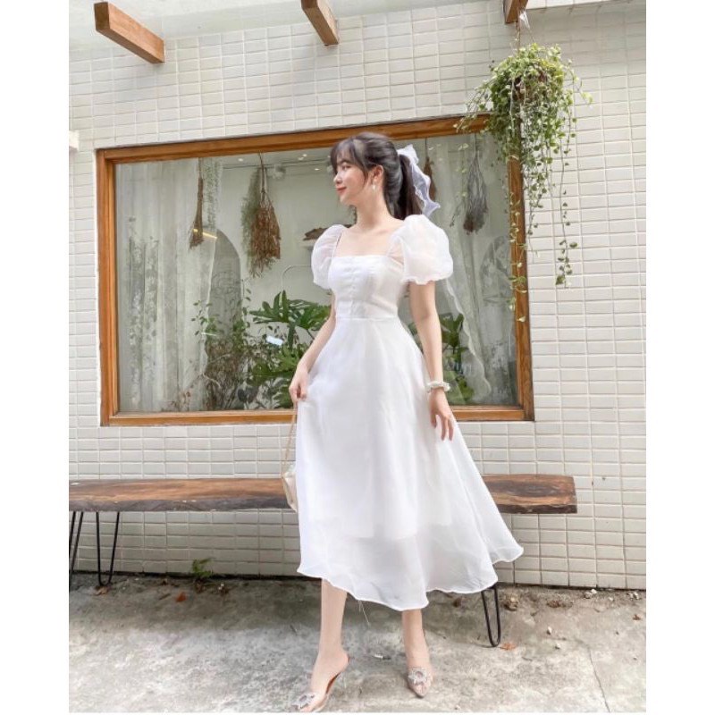 Đầm xòe tay phồng phối nút ngực chất tơ xinh váy nữ tiểu thư trễ vai cổ vuông xinh xắn Hàn Quốc