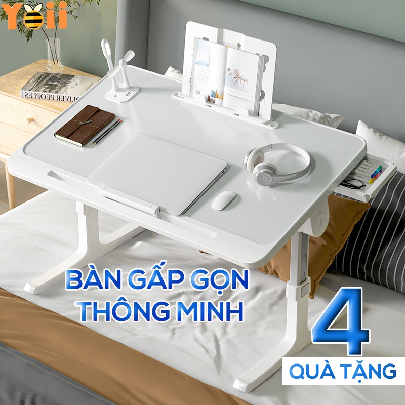 Bàn học gấp gọn thông minh cao cấp, bàn laptop đa năng, tích hợp 4 cổng sạc USB, khe cắm ipad, tặng đèn, quạt, giá sách
