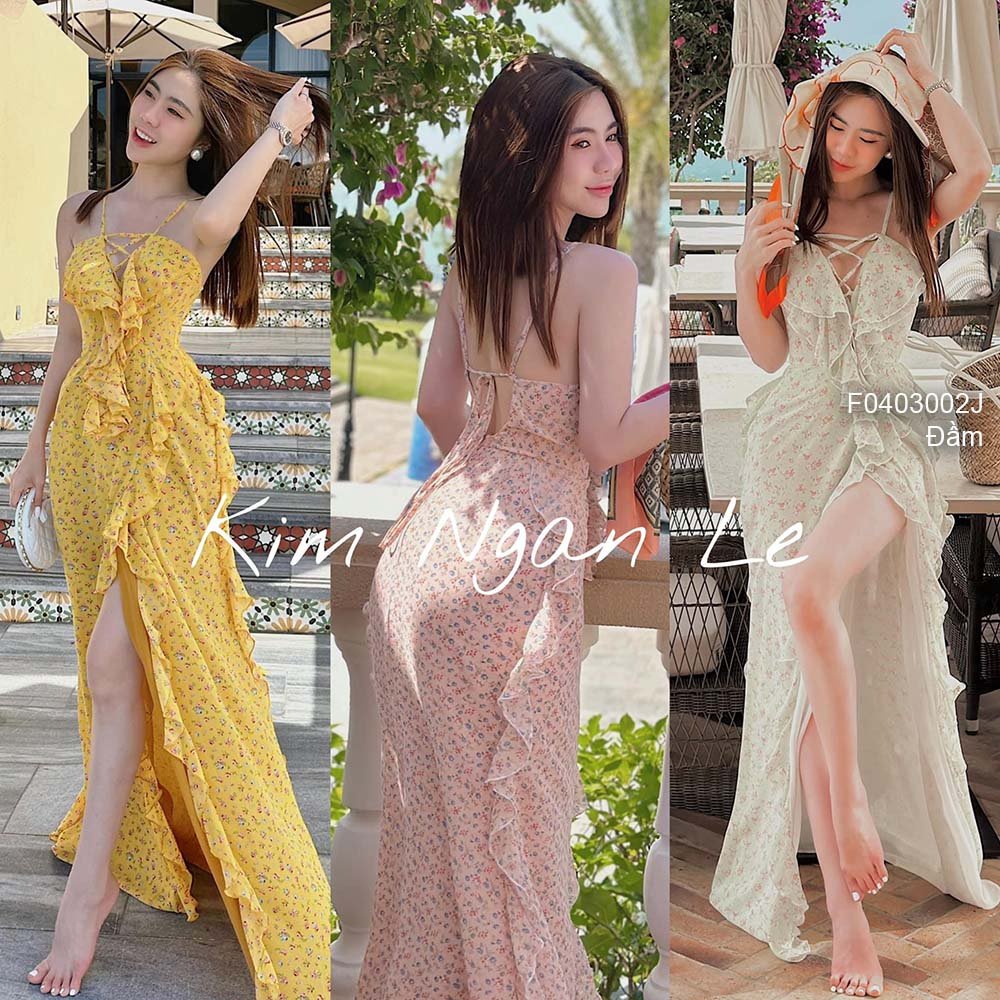 Đầm maxi 2 lớp hoa nhí tà rũ xẻ đùi, Đầm hai dây dài đan ngực in hoa đùi xẻ!