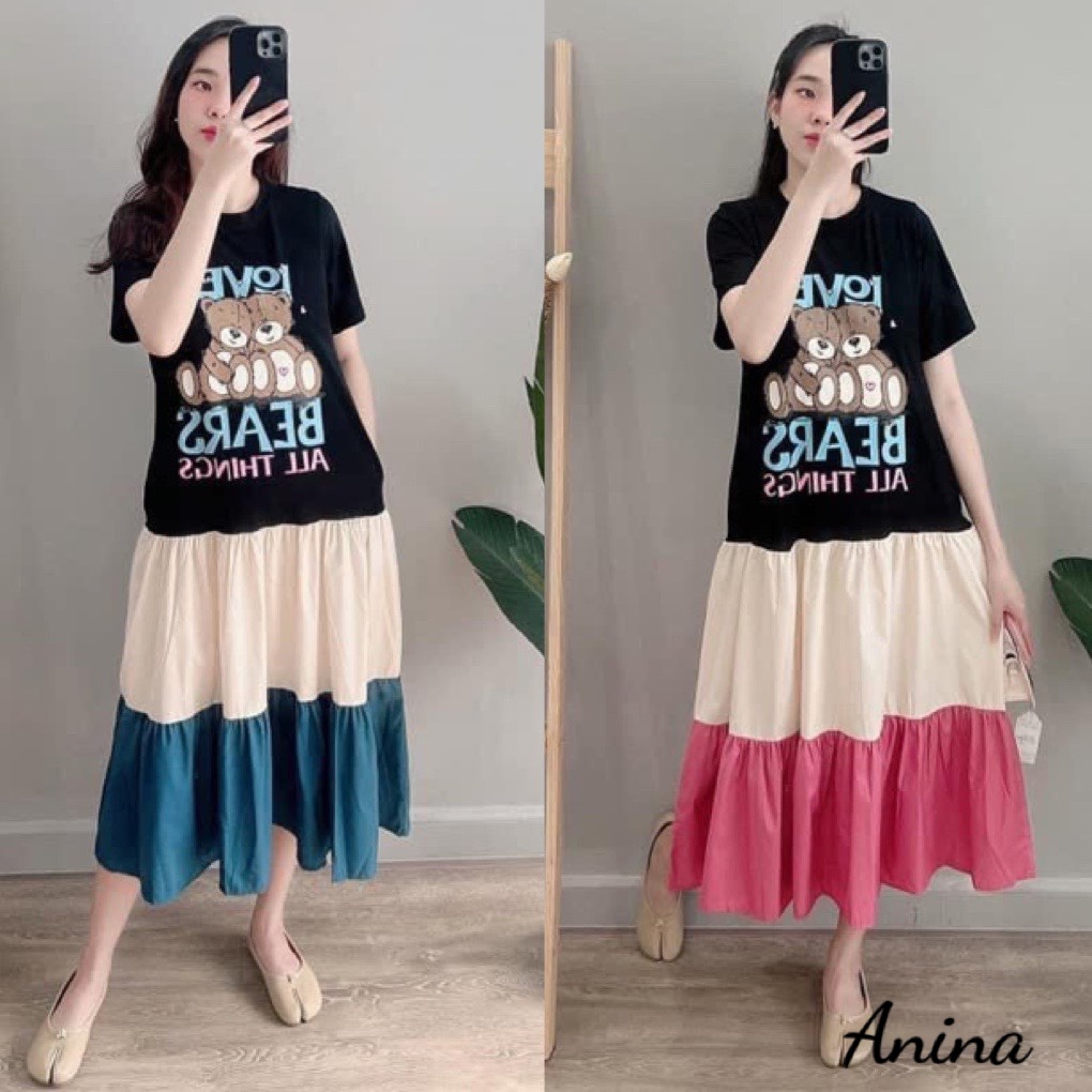 Váy bầu thiết kế đẹp dáng suông 3 tầng sang chảnh chất cotton đẹp siêu mát V372