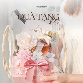 Hộp quà tặng 8/3 nến thơm tinh dầu thơm phòng cho mẹ cô giáo người yêu kèm hoa lụa ember brown