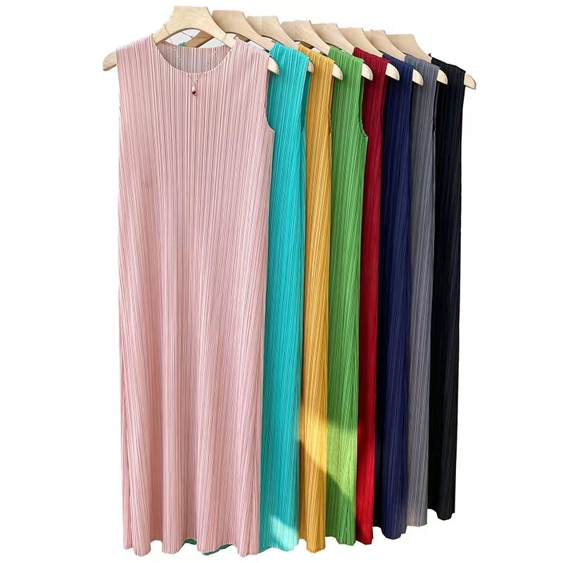 Đầm Midi Trơn Xếp Ly Không Tay Cổ Tròn Dáng Suông Dài Cho Nữ