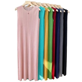 Đầm Midi Trơn Xếp Ly Không Tay Cổ Tròn Dáng Suông Dài Cho Nữ