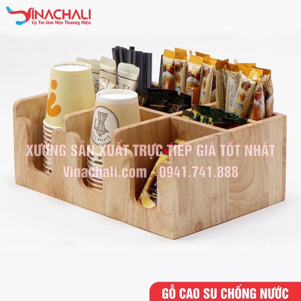 Khay Đựng Ly Nhựa, Đồ Pha Chế Đường, Sữa, Ống Hút - 9 Ngăn - Gỗ Tự Nhiên Chắc Chắn
