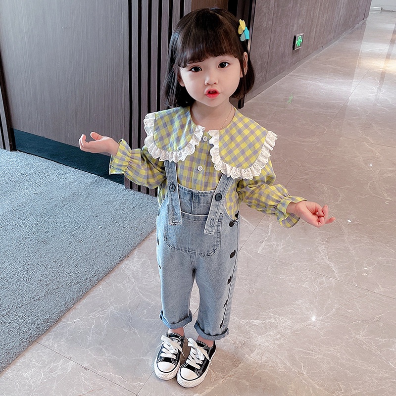 Áo sơ mi cotton dài tay thời trang xuân hè bé gái-Áo sơ mi sọc caro cotton dài tay bé gái