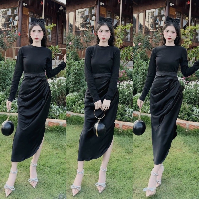 Set Áo Thun Đen Tay Dài Cổ Tròn Kèm Chân Váy Maxi Xéo Chất Phi Lụa Freesize Dưới 55kg