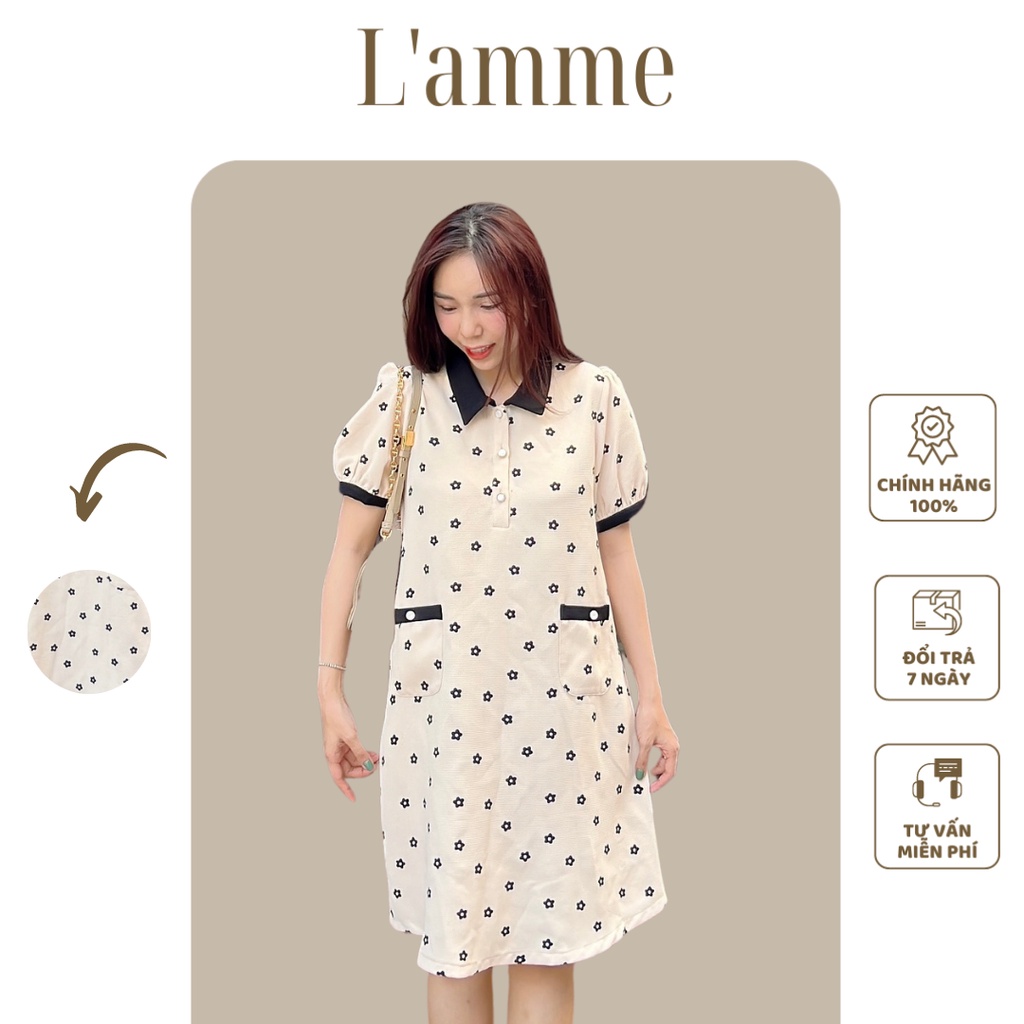 Váy bầu Creamy Dress chất liệu gạo phối cổ polo, họa tiết hoa nhí trẻ trung được thiết kế bởi LAMME