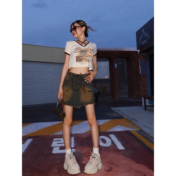 Áo thun croptop cổ tim cột dây [CÓ ẢNH THẬT] in logo BEERBRO phong cách retro chất thun cotton co dãn 4 chiều