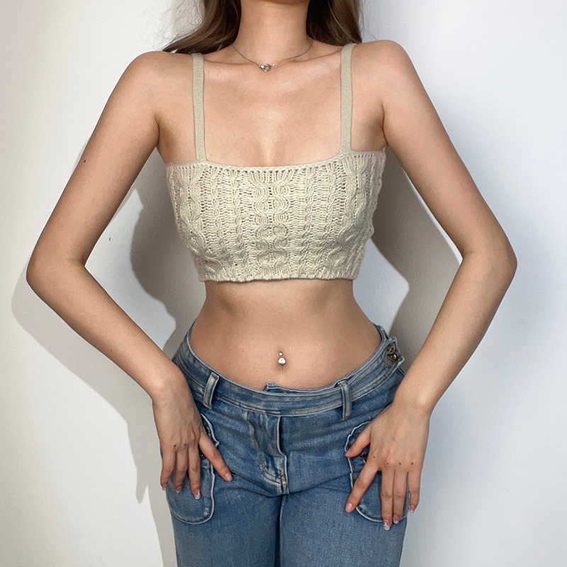 Weird Puss Jennie Áo hai dây Dệt Kim Dáng Ngắn Hở Rốn Eo Cao Màu Trơn Cho Nữ