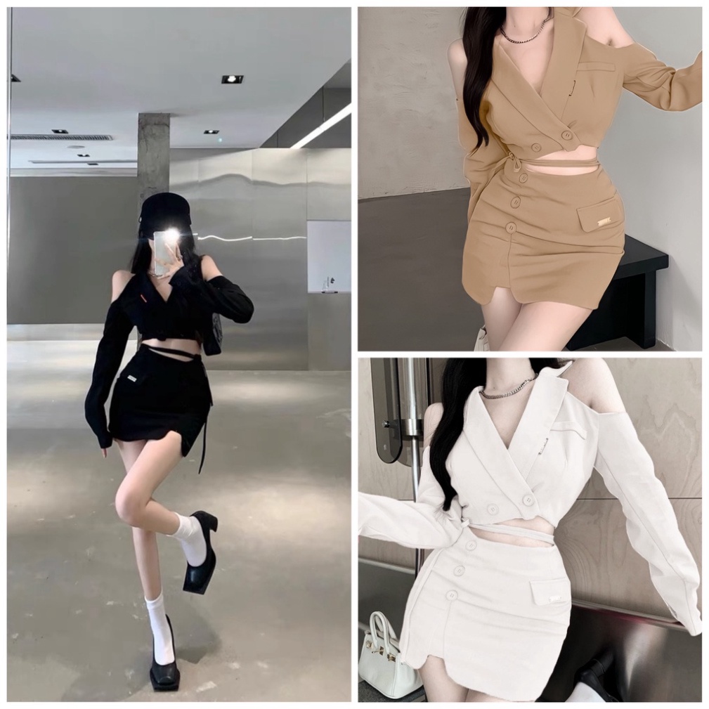 (Fom: <55kg) Set Crop Vest Cột Eo Hở Vai Chân Váy JL41 | BigBuy360 - bigbuy360.vn