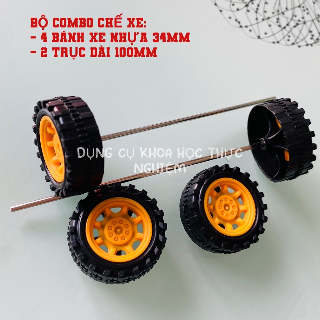Bộ 4 bánh xe nhựa mini 34mm kèm 2 trục dài 100mm làm đồ chơi mô hình DIY Stem Steam - HM0124