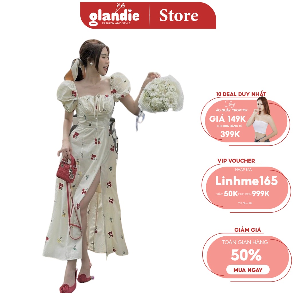 Váy hoa nhí Glandie nhúm ngực, xẻ tà, tay bồng.