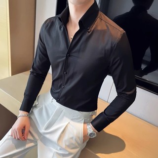 Áo sơ mi nam hàn quốc dáng cổ V chuẩn , sơ mi nam dài tay công sở vải lụa trơn đẹp mẫu mới nhất màu trắng đen