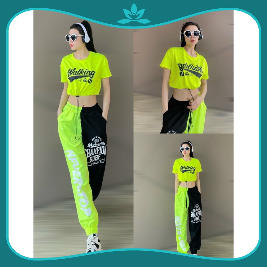 Set croptop rút dây quần jogger tập yoga, Aerobic, Gym, Zumba đồng phục đội nhóm nữ