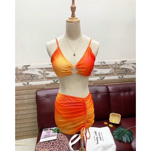 Bikini Đồ bơi áo quây khoen quần chip mix váy lưới dây rút màu cam loang sexy (Hàng Quảng Châu cao cấp)