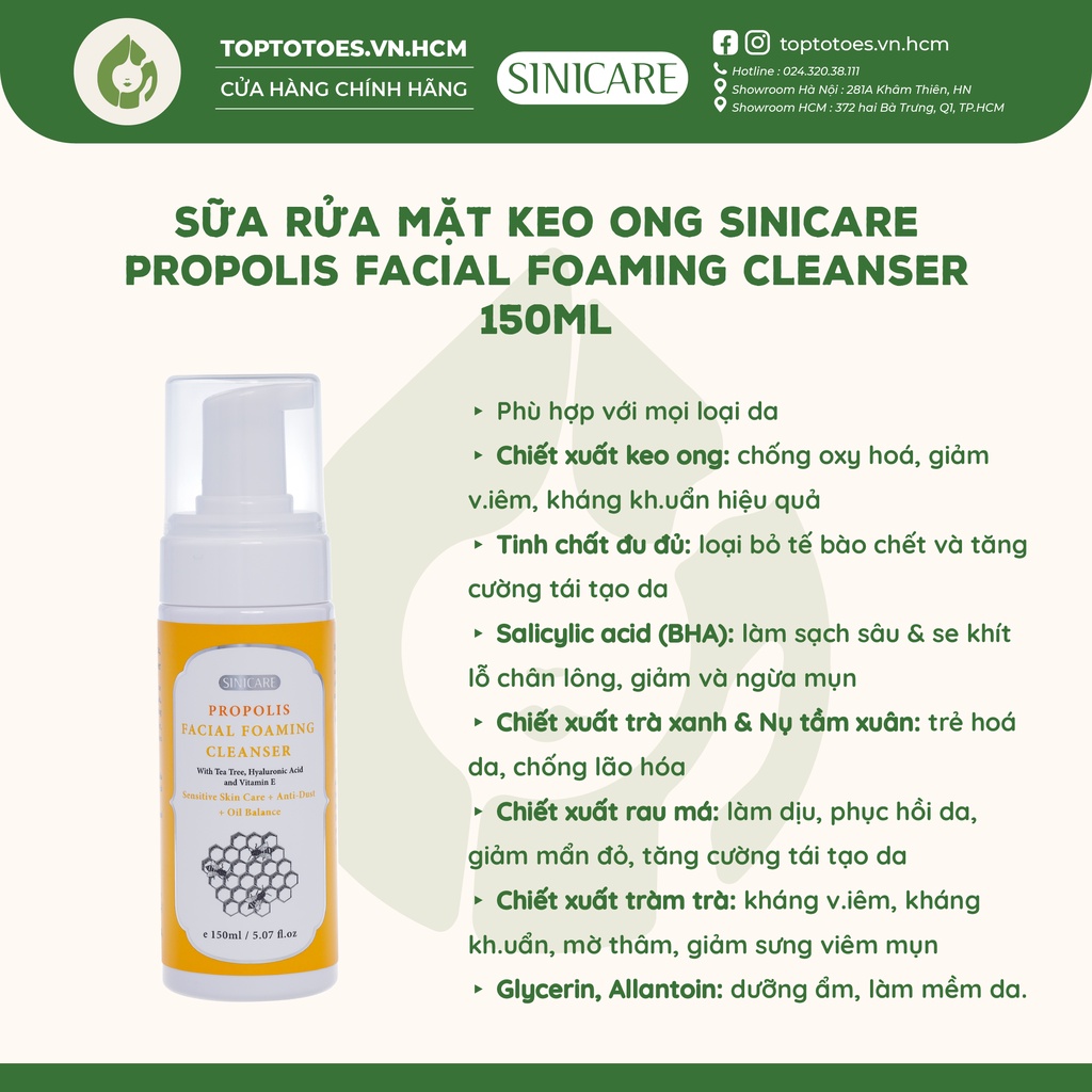 Sữa rửa mặt keo ong Sinicare Propolis Facial Foaming Cleanser 150ml [NHẬP KHẨU CHÍNH HÃNG 100%]