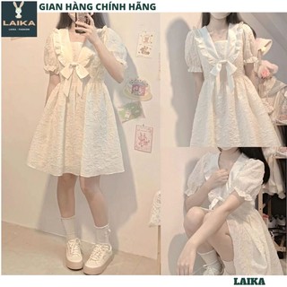 Đầm tiểu thư tay bồng ngắn chất gấm xốp nơ bèo ngực - Váy trắng sữa ngắn xòe trẻ trung tôn dáng- LAIKA V94