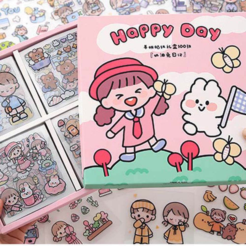 Hộp 100 tấm sticker GUTY KIDS  hoạt hình dễ thương cute trang trí laptop, điện thoại, mũ bảo hiểm, dán tập vở, bình nước
