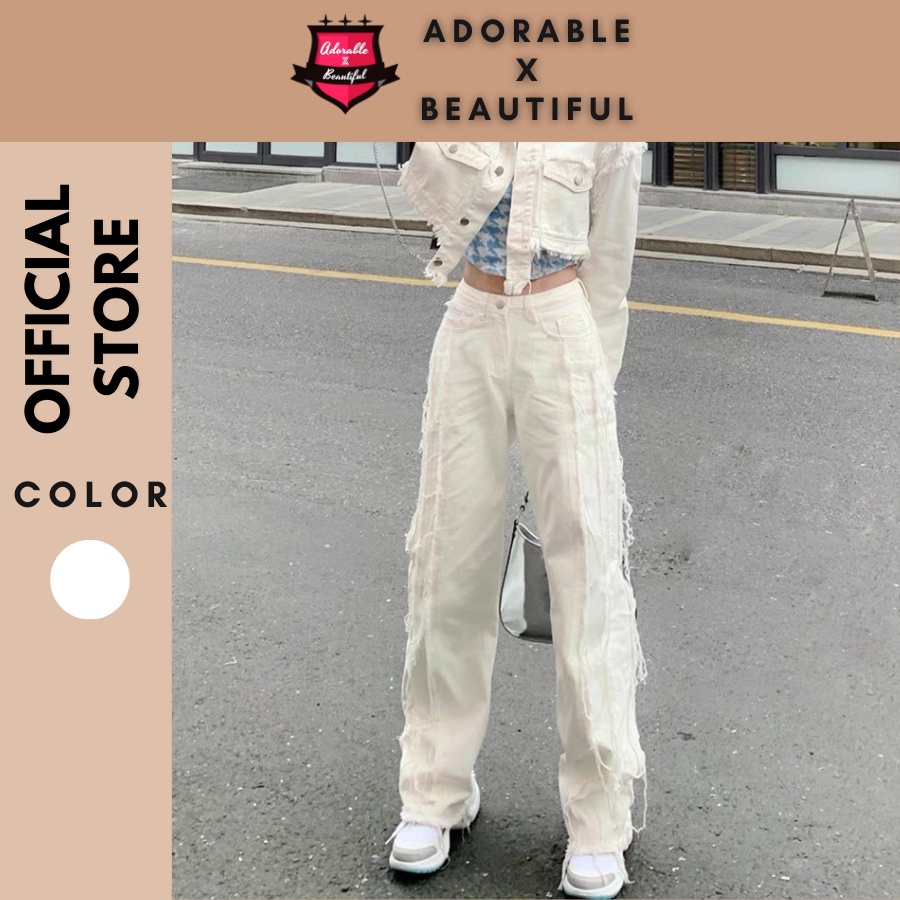 Quần jeans trắng họa tiết tua rua ống rộng phong cách ulzzang hot trend dành cho nữ
