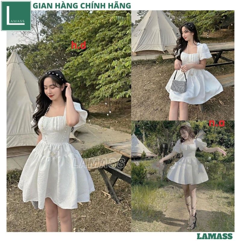 Váy Gấm Cổ Vuông Cúp Ngực Tay Phồng Dáng Xòe Tầng Đi Tiệc Sang Chảnh, Đầm Trắng Cổ U Tay Ngắn Tiểu Thư Điệu Đà - LAMA