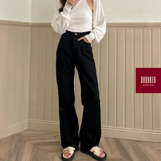 Quần jeans đen trơn lưng cao ống rộng