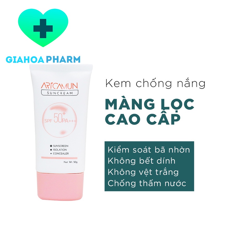 Kem chống nắng da mặt, kiềm dầu Aricamun Suncream dùng được cho da nhờn, mụn, nhạy cảm, SPF 50+, PA +++ [arica, cpc1]