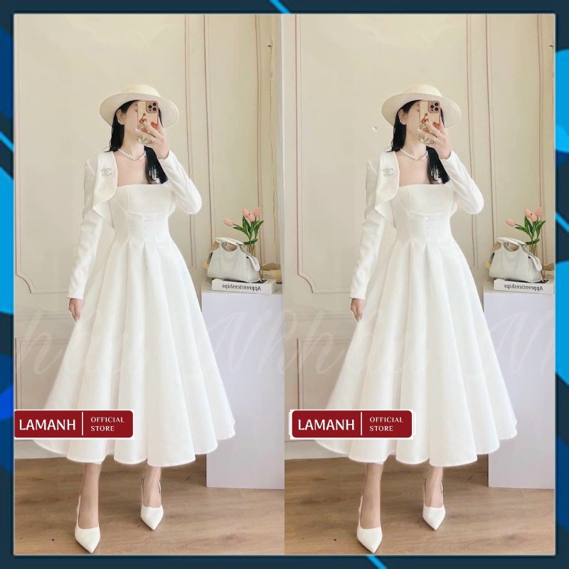Váy đầm nữ dự tiệc cưới 2 dây chất tafta trắng kèm áo khoác ngoài Set váy trắng dáng xoè ( có mút ngực) Size 46kg-58kg