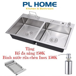 Chậu Rửa Chén Inox SUS 304 đúc 2 hộc kích thước 82x45 – Có chỗ treo thớt – Tặng Rổ Đựng Đa Năng