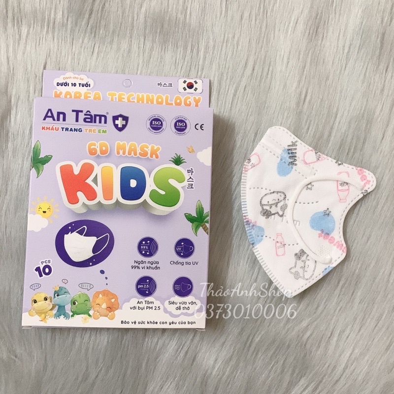 Hộp 10 cái khẩu trang 6D Kids An Tâm dành cho bé 2-6 tuổi đủ hình