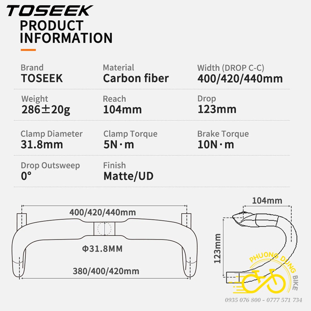 Ghi đông cong dẹp xe đạp road Carbon TOSEEK 420 x 31.8mm