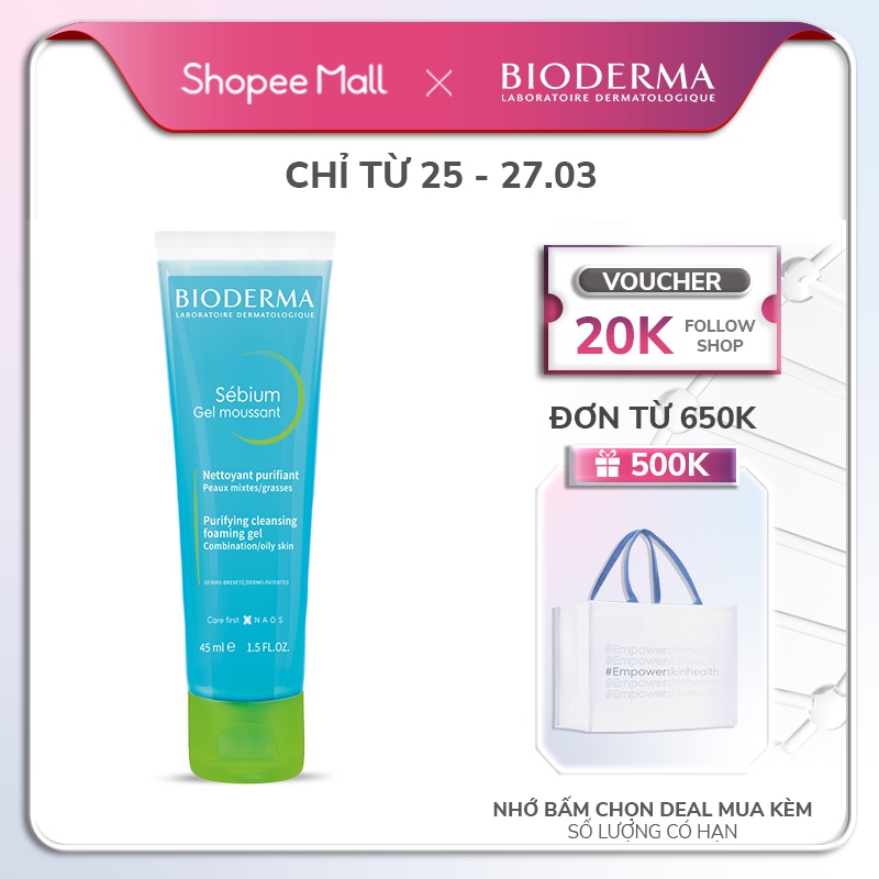 Gel rửa mặt tạo bọt, không chứa xà phòng Bioderma Sebium Gel Moussant - 45ml