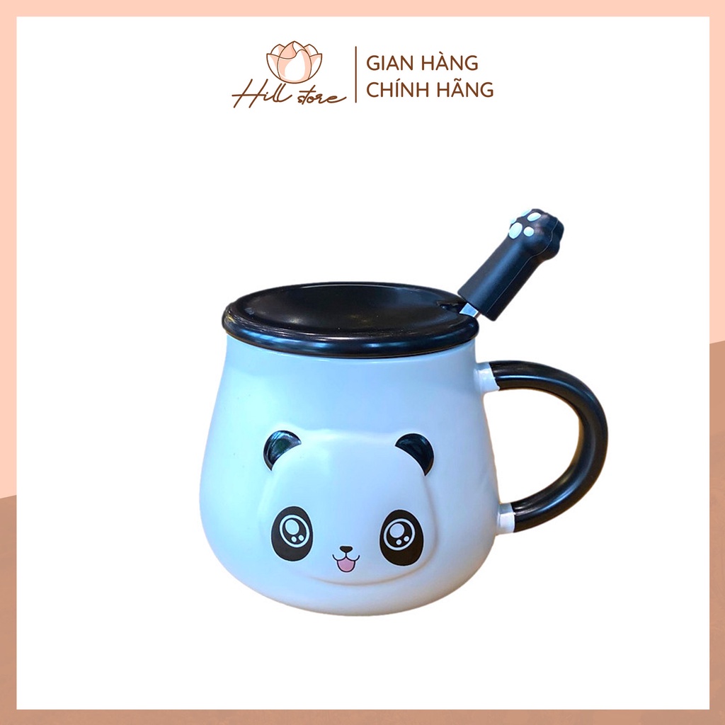 Ly Cốc sứ văn phòng giữ nhiệt nóng lạnh 400ml, ly sứ uống nước hình gấu trúc Panda có nắp đậy bằng sứ kèm muỗng + Hill