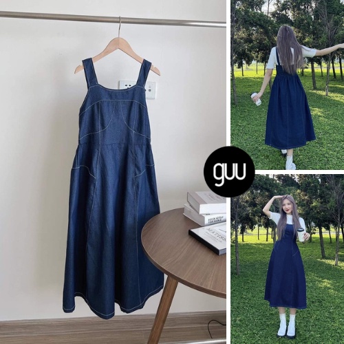 Set áo, váy jean 2 dây suông dài ôm body lịch thiệp/ Đầm maxi jean tiểu thư phong cách Hàn Quốc ulzzang Guu