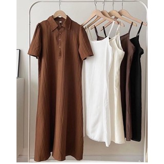 Váy maxi thô gân xoè cổ bẻ tay bồng kèm lót basic