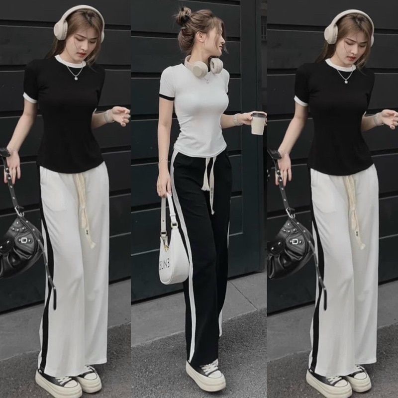 Set Bộ Áo Croptop Viền Cổ Tròn + Quần Ống Xuông DÂY THỪNG Lai Viền CÓ TÁCH LẺ MÓN