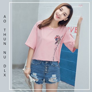 Áo Thun Nữ Màu Hồng In Bông Hoa Hồng Rẻ Bền Đẹp DLX