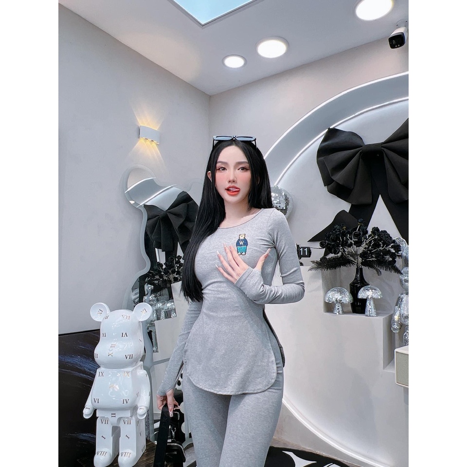 [4.4 Sales Freeship]Set bộ áo tay dài cổ tròn in gấu vạt bầu xẻ tà 2 bên phối quần legging ôm dài chất gân thoải mái mtb