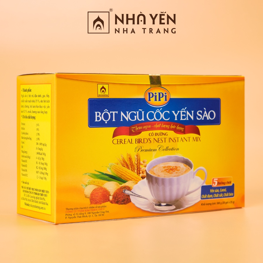 Bột Ngũ Cốc Yến Sào PiPi - Hộp 20 Gói - Bột Ngũ Cốc Không Đường & Có Đường - Bột Ngũ Cốc Dinh Dưỡng - Nhà Yến Nha Trang